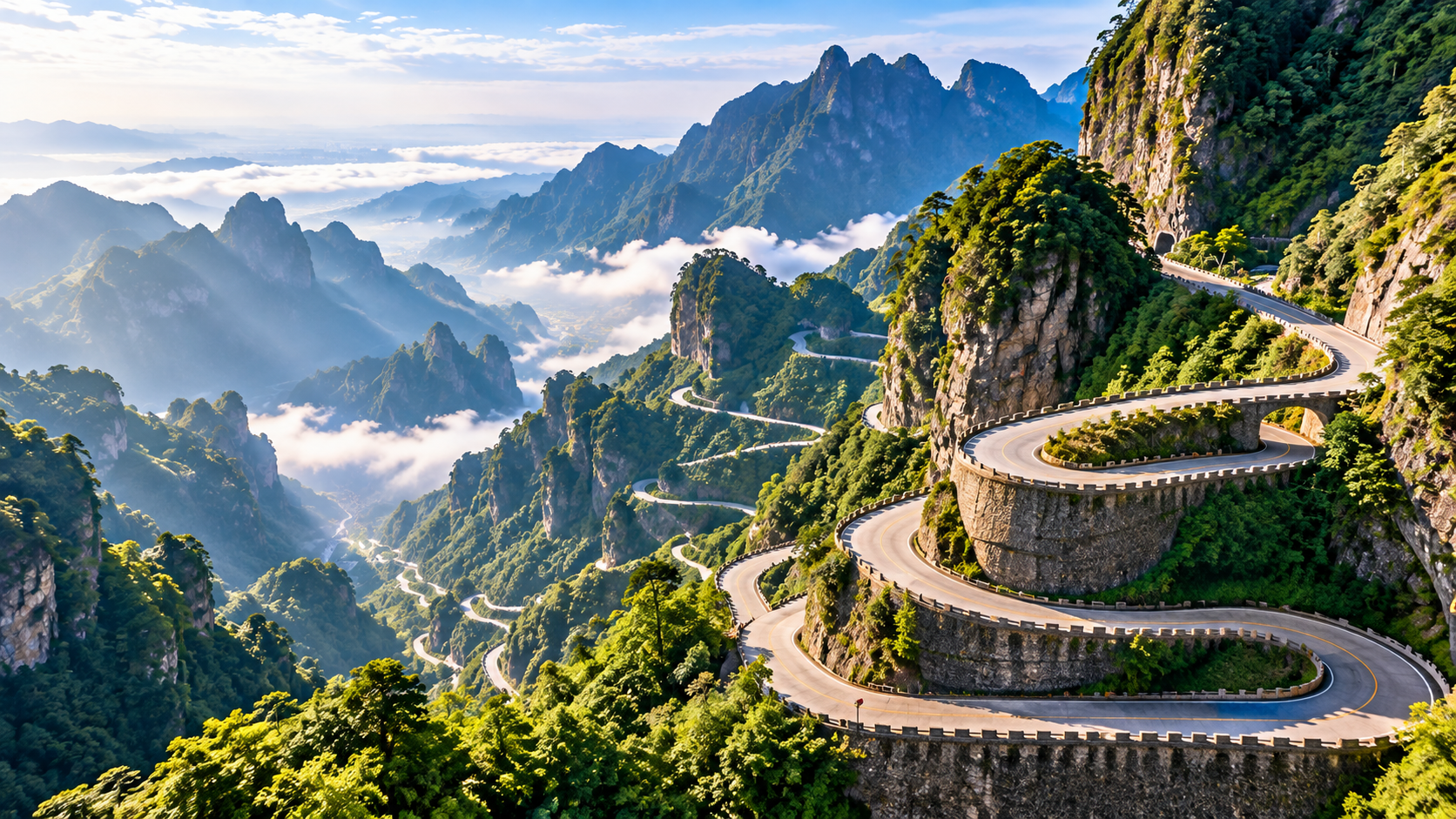 Composición editorial de la carretera sinuosa de la montaña Tianmen