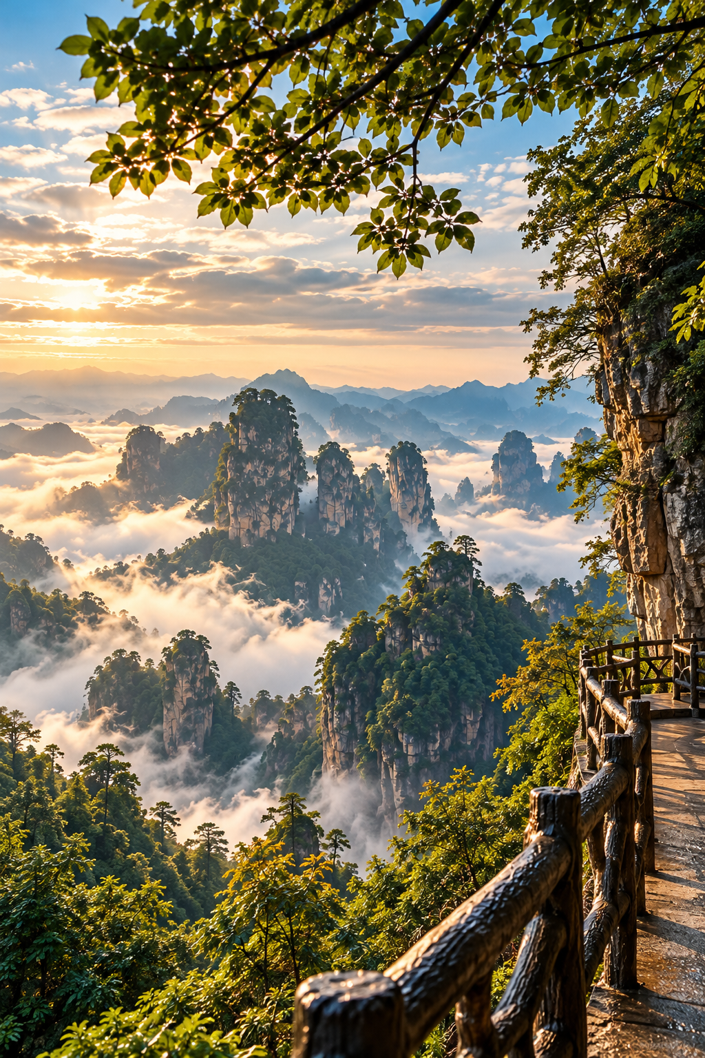 Composición editorial de sendero y paisaje montañoso de Zhangjiajie