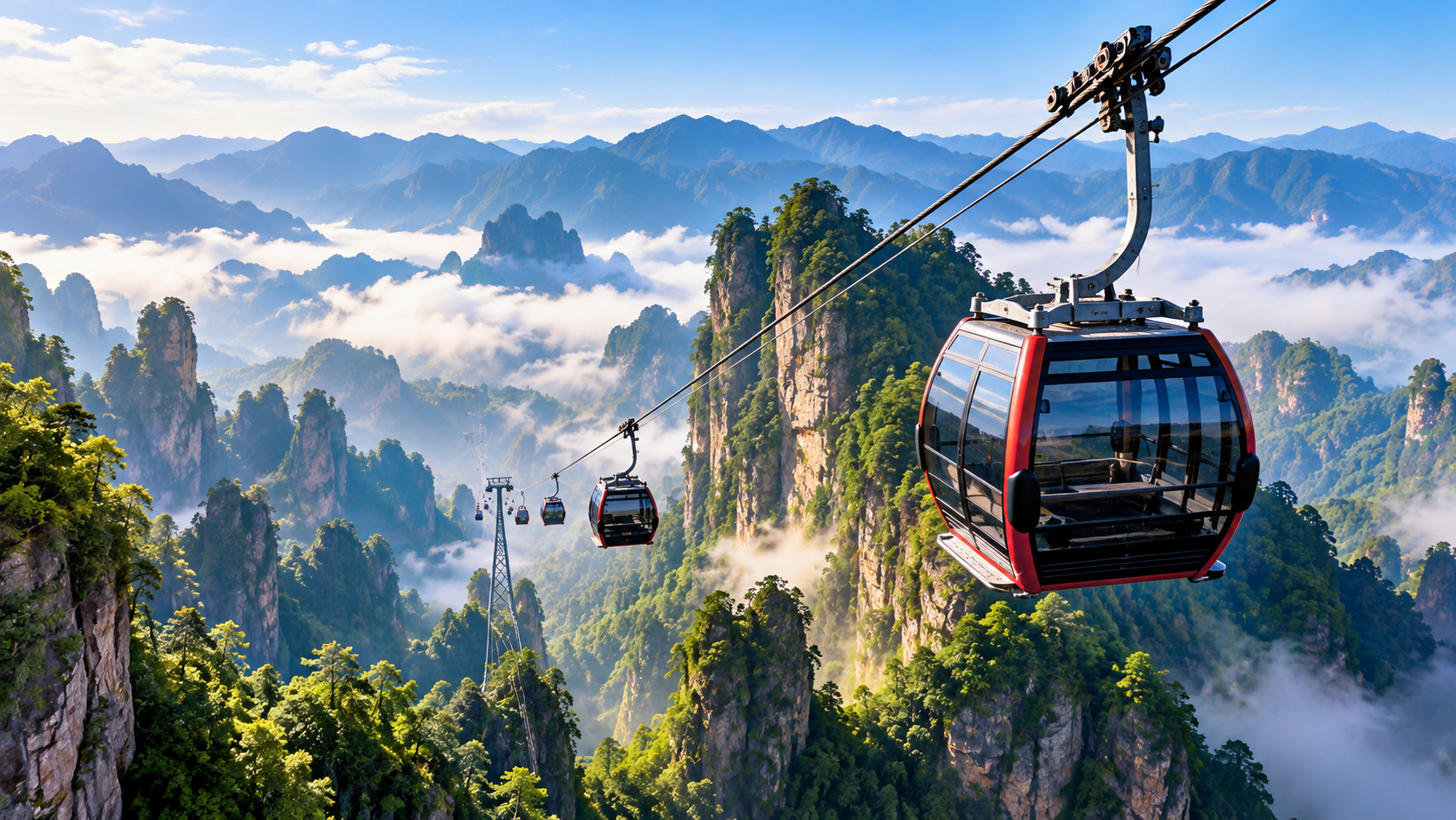 Composición editorial de un teleférico en paisaje montañoso